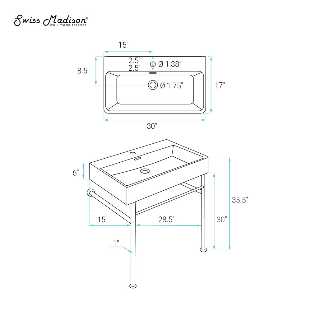 Swiss Madison Claire 30" White Basin Matte White Legs