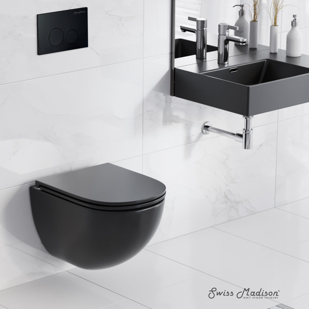 Swiss Madison St. Tropez Wall-Hung Toilet Bundle 0.8/1.6 GPF Dual Flush in Matte Black with Black Flush Plate