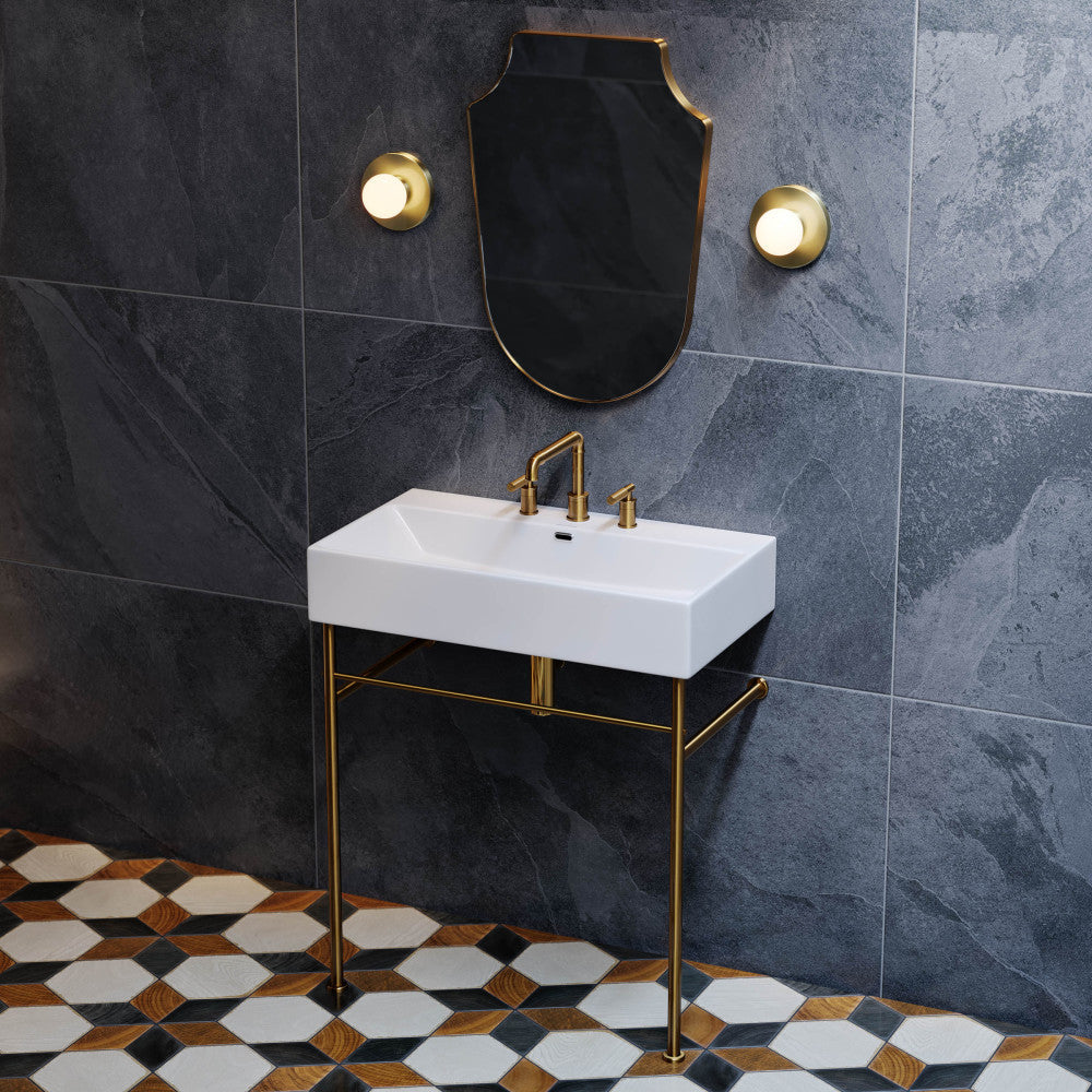 Swiss Madison Claire 30" Console Sink White Basin Brushed Gold Legs with 8" Widespread Holes