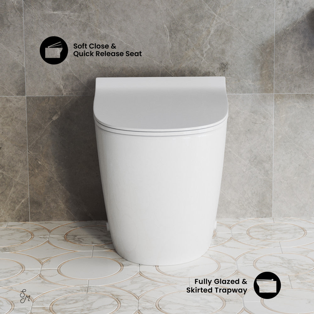 Swiss Madison St. Tropez Back-to-Wall Toilet Bundle 0.8/1.6 GPF Dual Flush in Glossy White with Brass Flush Plate