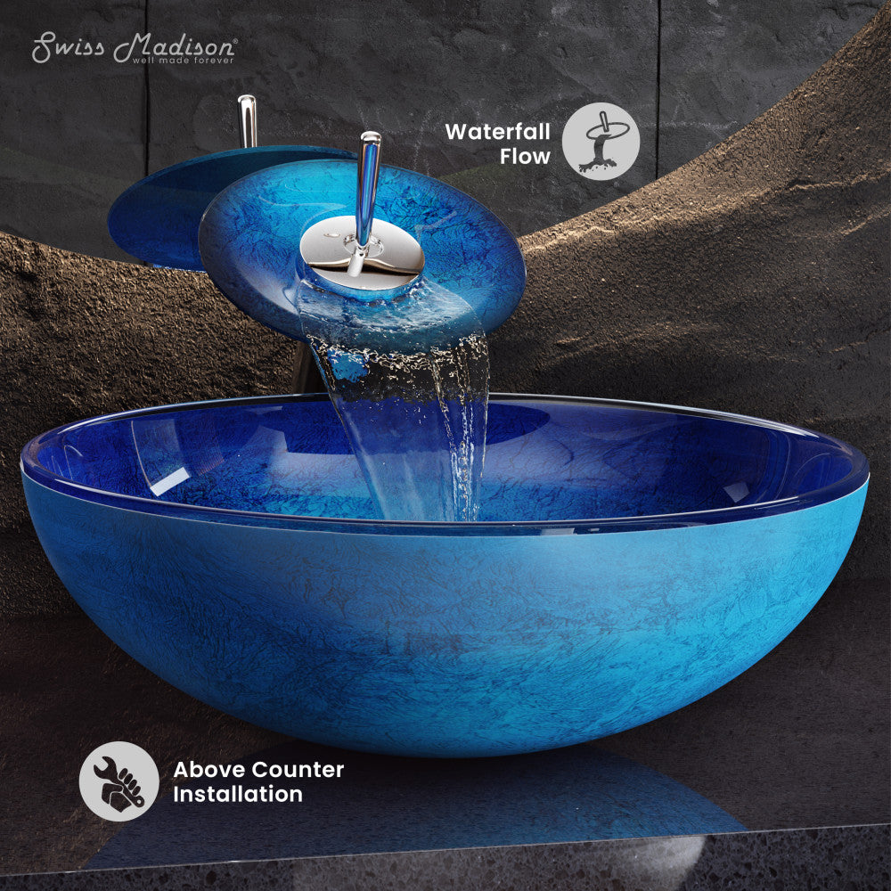 Swiss Madison Cascade 16.5 Glass Vessel Sink with Faucet, Ocean Blue