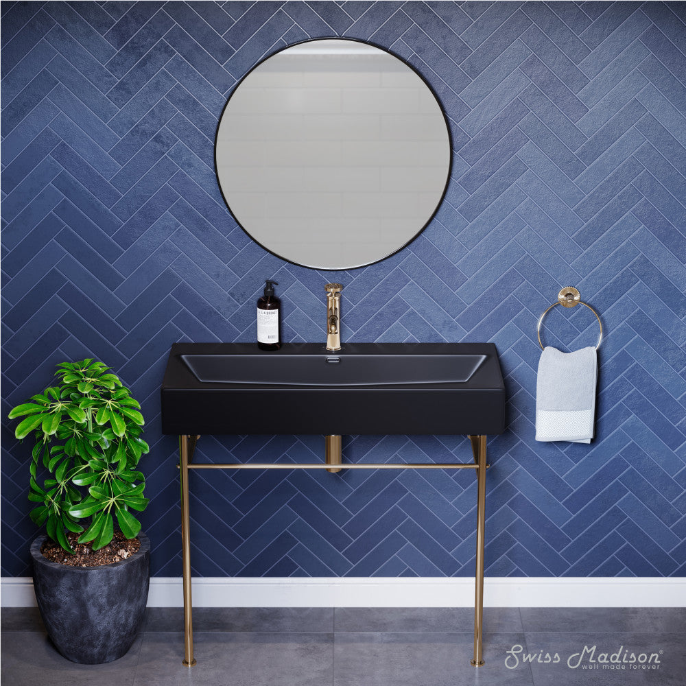 Swiss Madison Claire 40 Ceramic Console Sink Matte Black Basin Gold Legs