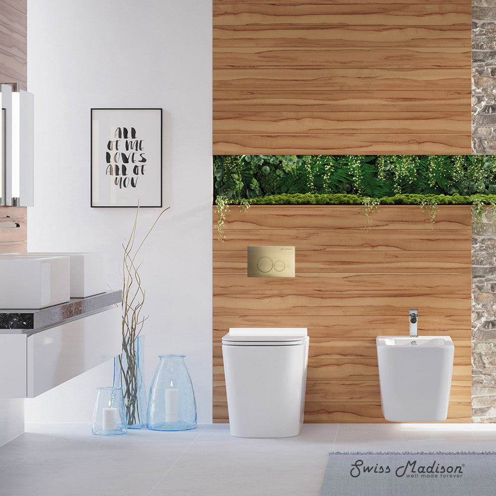 Swiss Madison Concorde Back-to-Wall Toilet Bundle 0.8/1.6 GPF Dual Flush in Glossy White with Brass Flush Plate