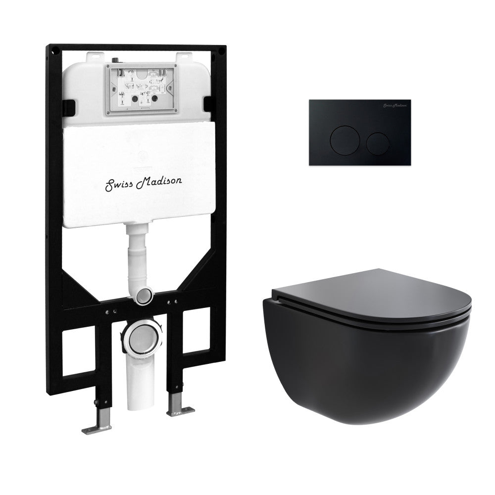Swiss Madison St. Tropez Wall-Hung Toilet Bundle 0.8/1.6 GPF Dual Flush in Matte Black with Black Flush Plate