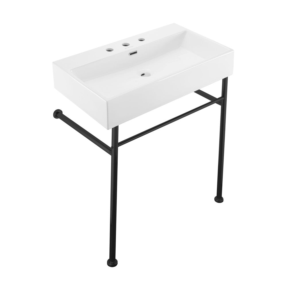 Swiss Madison Claire 30" Console Sink White Basin Black Legs with 8" Widespread Holes