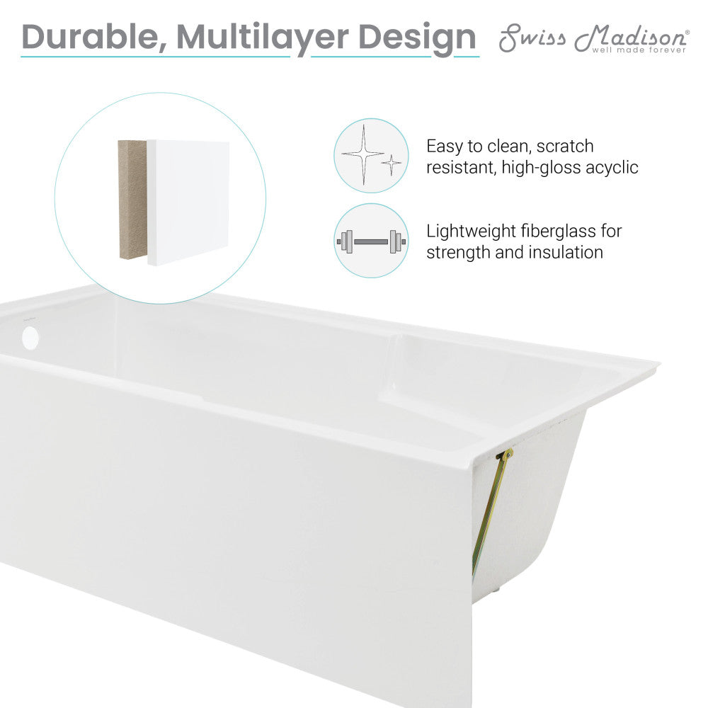 Swiss Madison Voltaire 72" x 36" Left-Hand Drain Alcove Bathtub with Apron and Armrest
