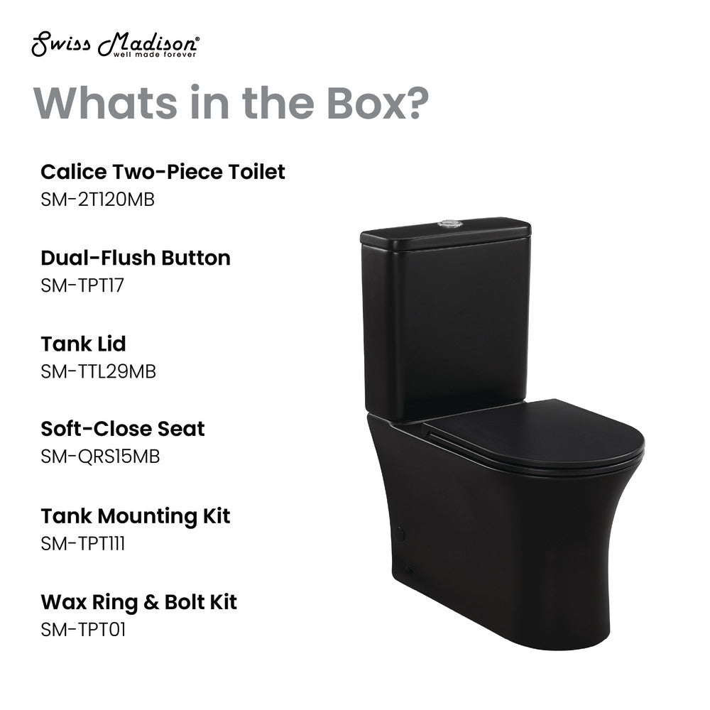 Swiss Madison Calice Two-Piece Elongated Rear Outlet Toilet Dual-Flush 0.8/1.28 gpf in Matte Black