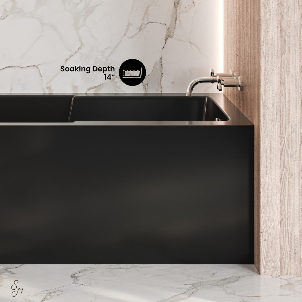 Swiss Madison Voltaire 54 x 30 Skirted Right Drain Soaking Apron Bathtub in Glossy Black with Integrated Armrest