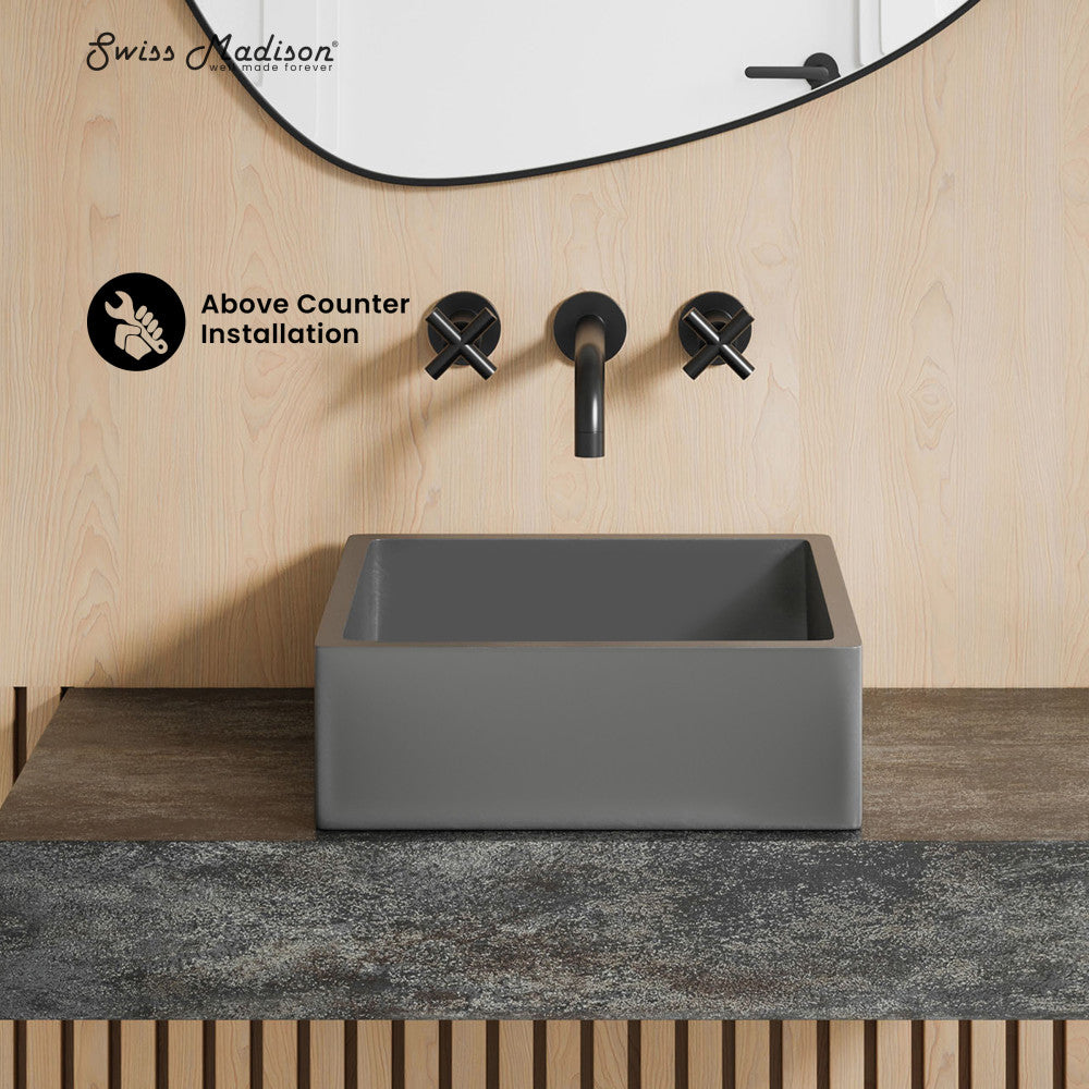 Swiss Madison Lisse 15" Square Concrete Vessel Bathroom Sink in Dark Grey