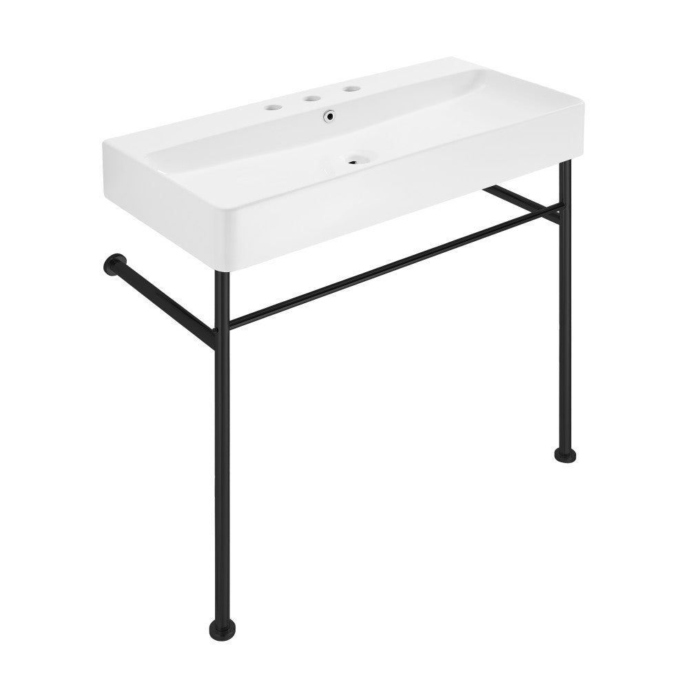 Swiss Madison Carre 36" Console Sink White Basin Black Legs with 8" Widespread Holes