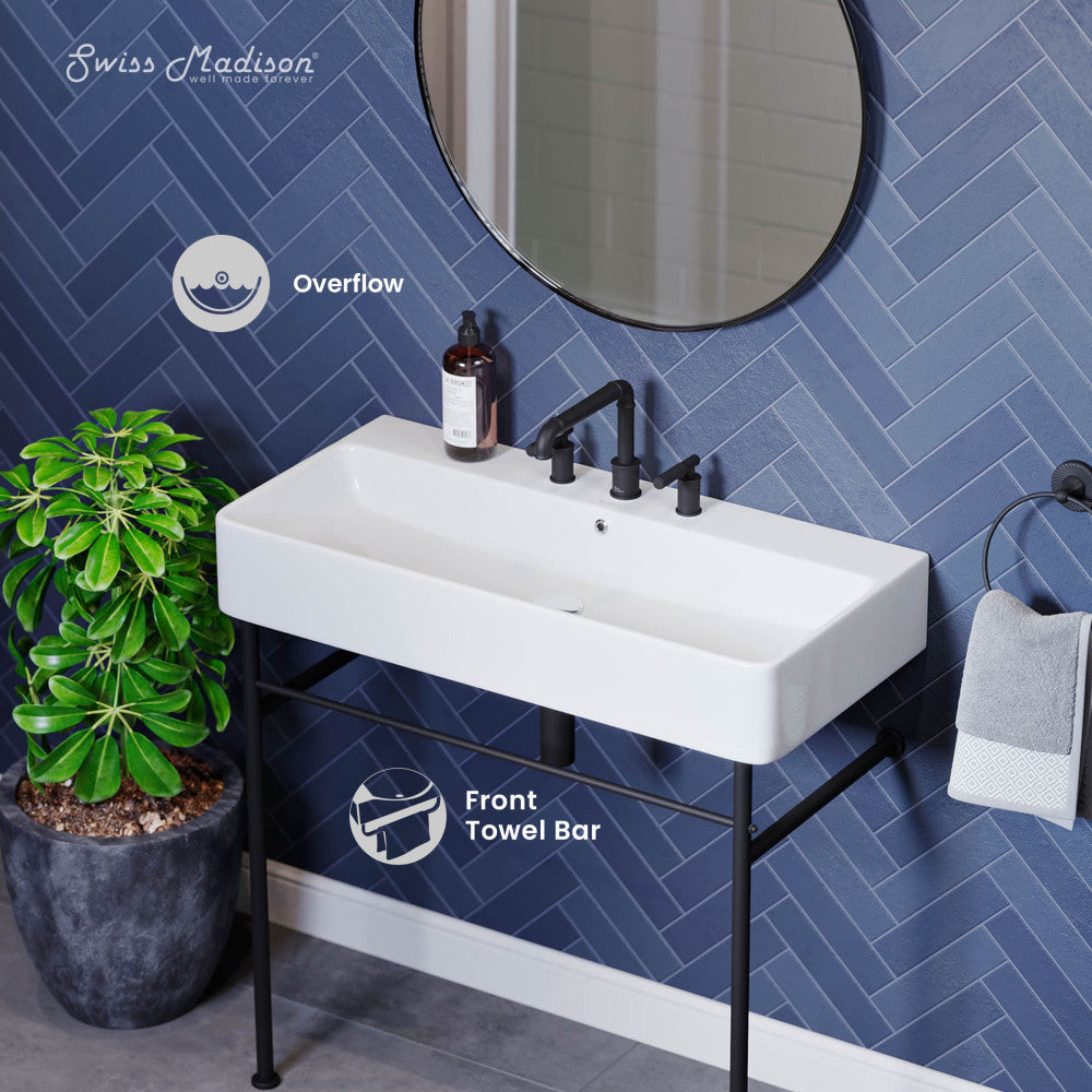 Swiss Madison Carre 36" Console Sink White Basin Black Legs with 8" Widespread Holes