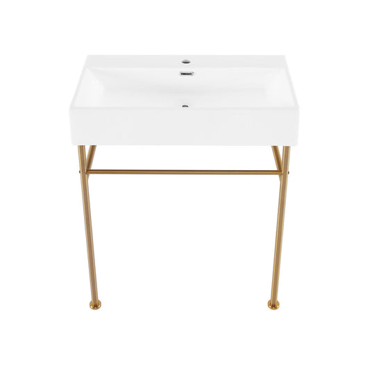 Swiss Madison Claire 30 Ceramic Console Sink White Basin Brushed Gold Legs