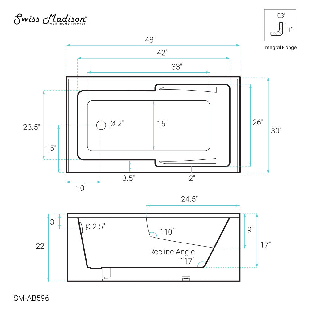 Swiss Madison Voltaire 48" x 30" Left-Hand Drain Alcove Integrated Armrest Bathtub with Apron