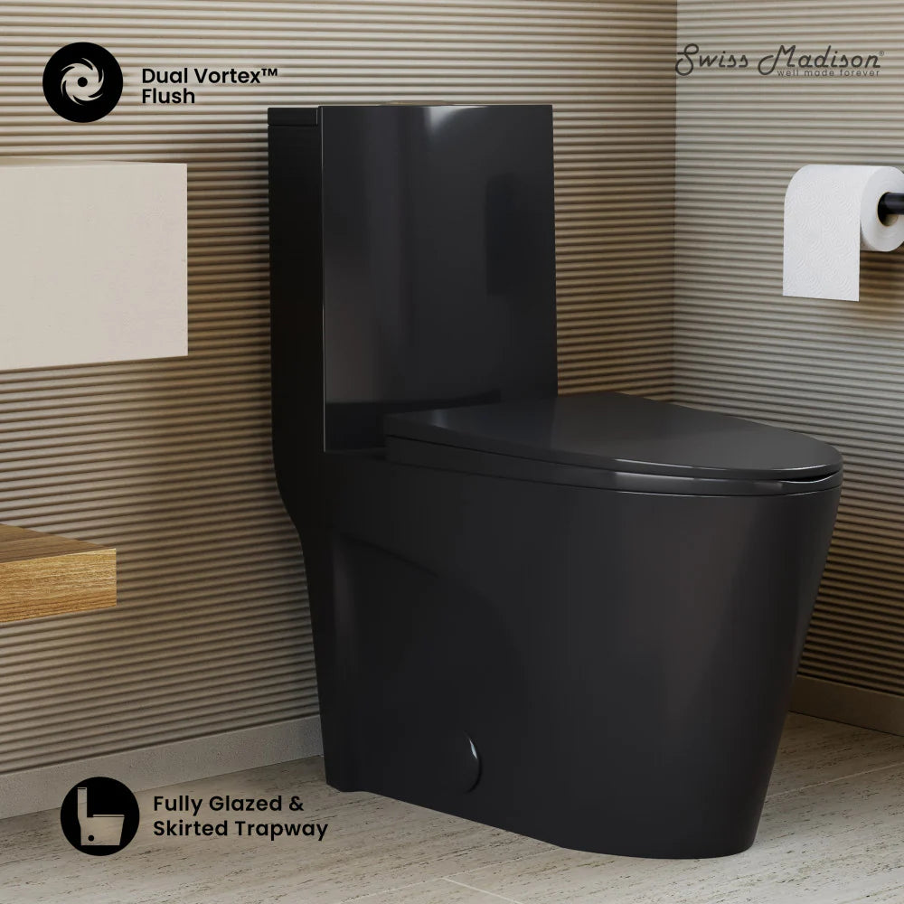 Swiss Madison St. Tropez One Piece Elongated Toilet Vortex™ Flush in Glossy Black 1.1/1.6 gpf