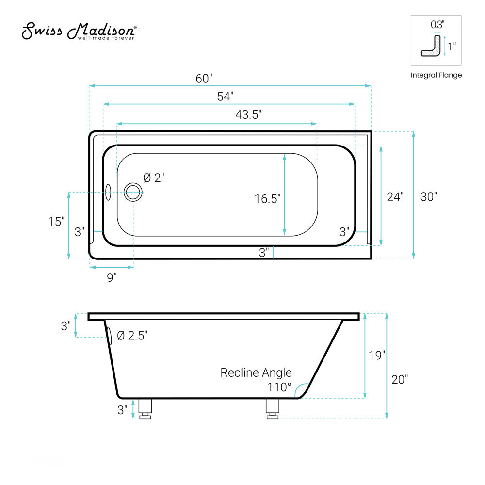Swiss Madison Voltaire 60" x 30" Left-Hand Drain Alcove Bathtub