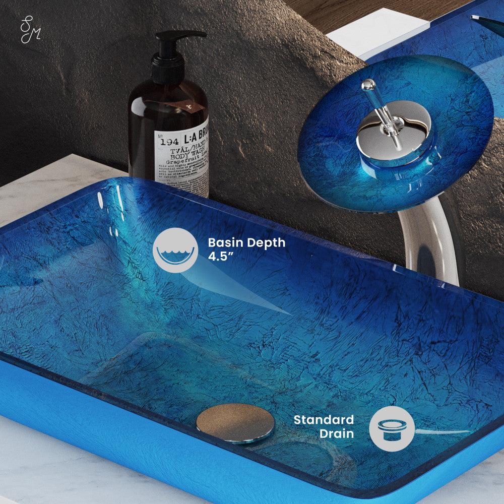 Swiss Madison Cascade Rectangular Glass Vessel Sink with Faucet, Ocean Blue