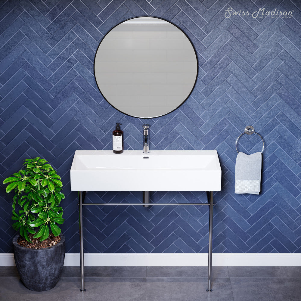 Swiss Madison Claire 40 Ceramic Console Sink White Basin Chrome Legs
