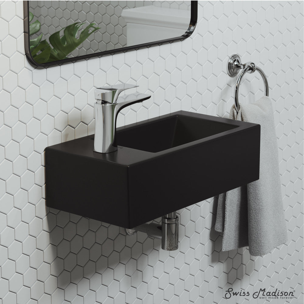 Swiss Madison Voltaire 19.5 x 10 Rectangular Ceramic Wall Hung Sink with Left Side Faucet Mount, Matte Black