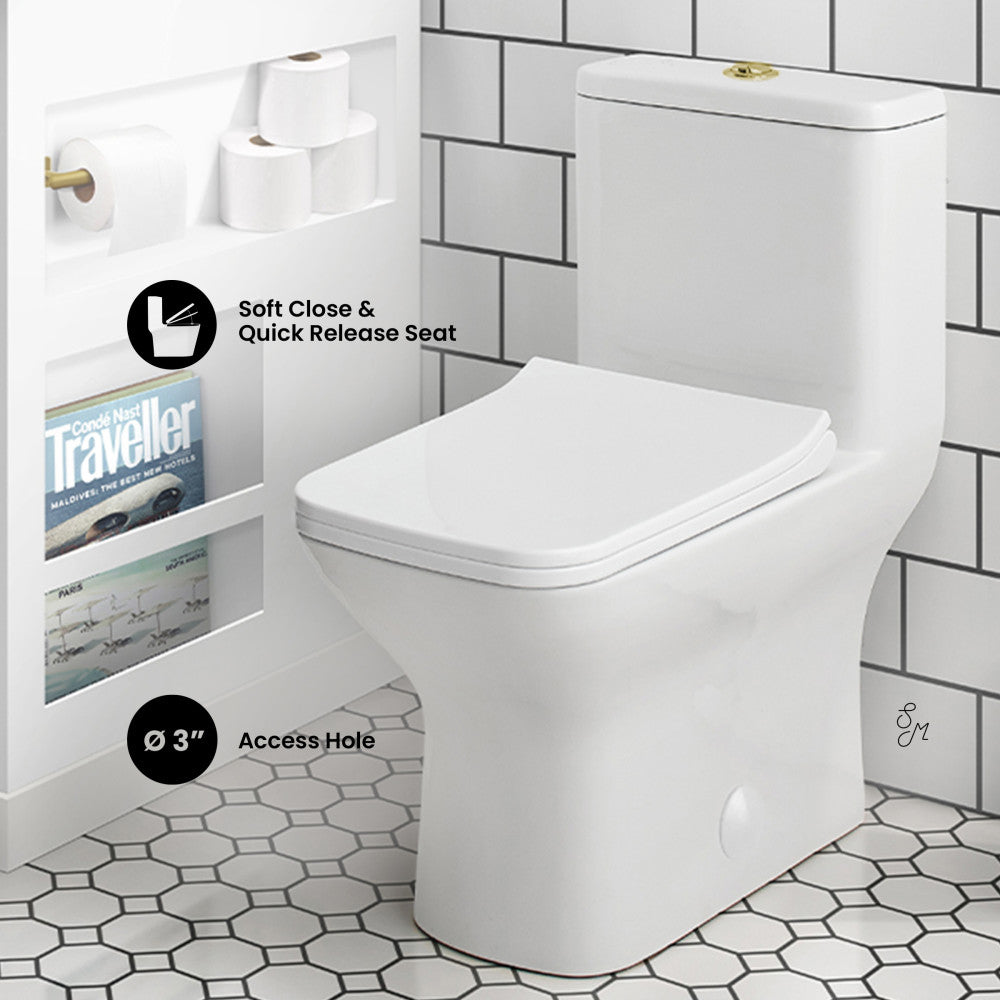 Swiss Madison Carre One Piece Square Toilet Dual Flush, Brushed Gold Hardware 1.1/1.6 gpf
