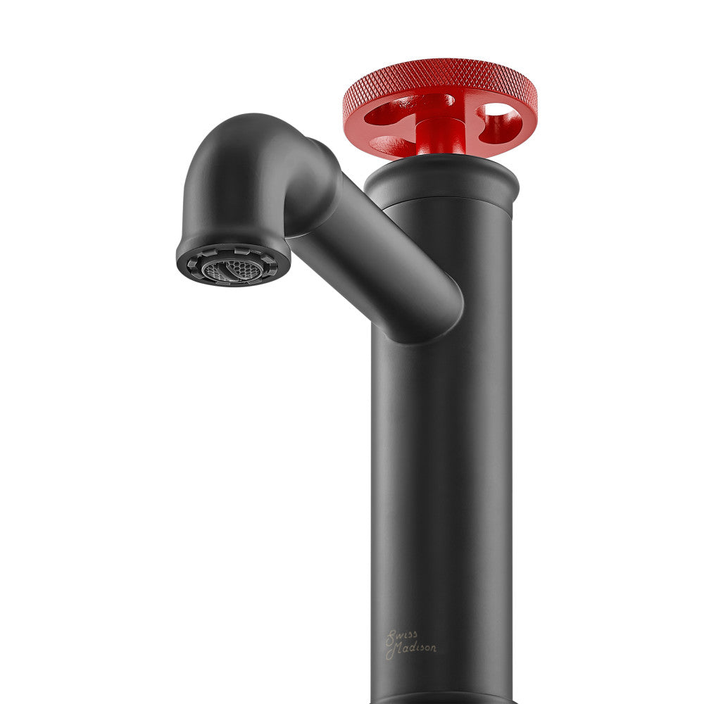 Swiss Madison Avallon Single Hole, Single-Handle, Bathroom Faucet in Matte Black with Red Handle
