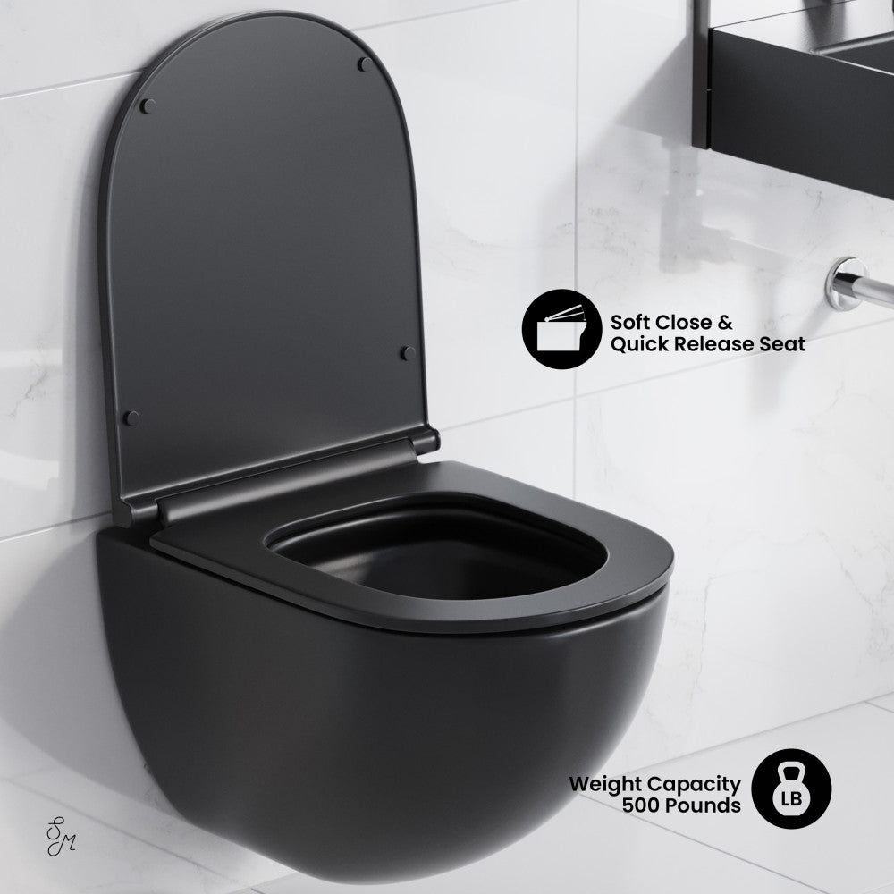 Swiss Madison St. Tropez Wall-Hung Toilet Bundle 0.8/1.6 GPF Dual Flush in Matte Black with Brass Flush Plate