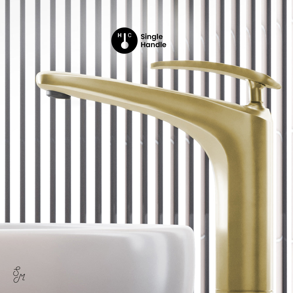 Swiss Madison Sublime Single Hole, Single-Handle, High Arc Bathroom Faucet in Brushed Gold