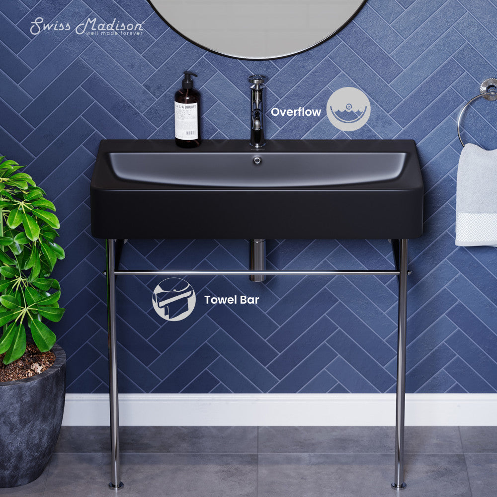 Swiss Madison Carre 36 Ceramic Console Sink Matte Black Basin Chrome Legs