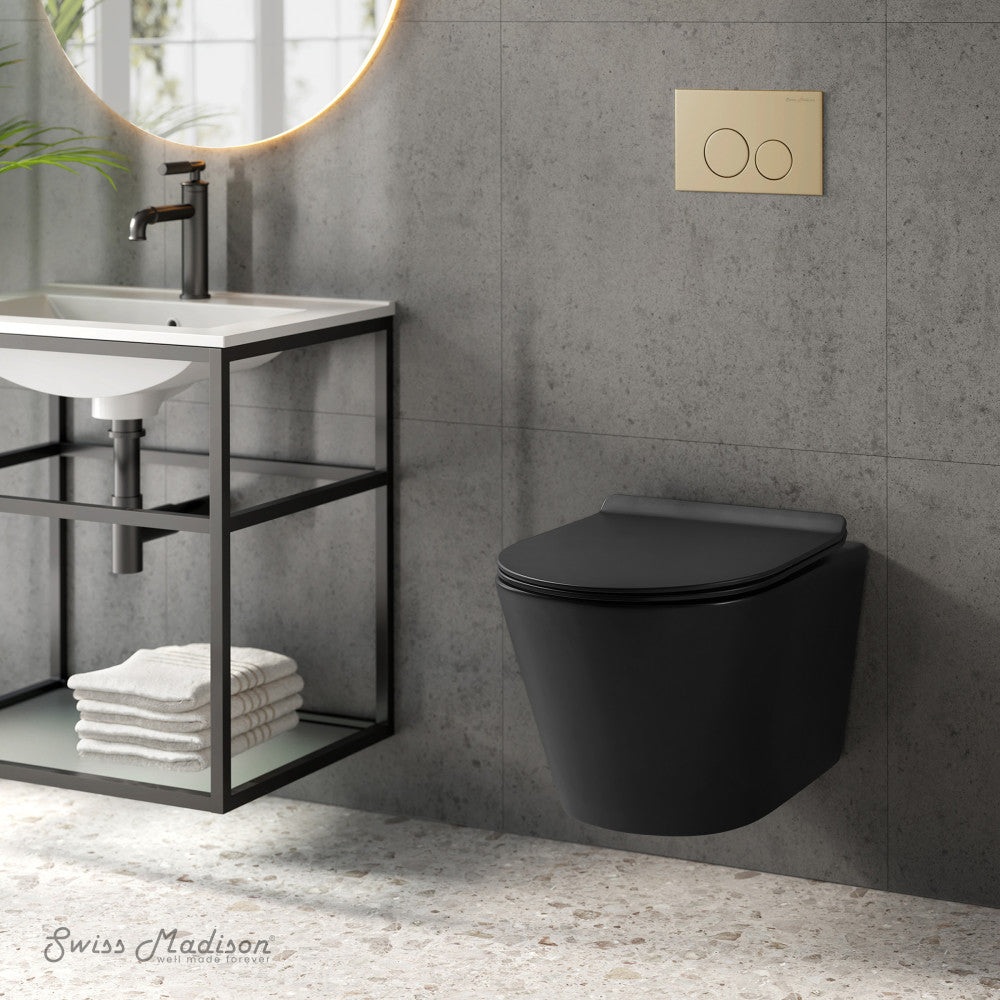 Swiss Madison Calice Wall-Hung Toilet Bundle 0.8/1.6 GPF Dual Flush in Matte Black with Brass Flush Plate