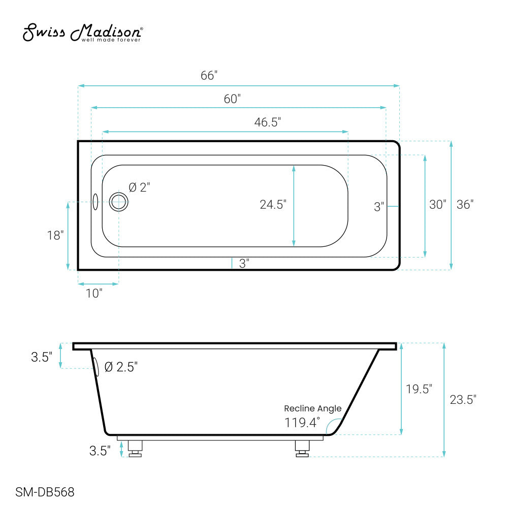 Swiss Madison Voltaire 66" x 36" Reversible Drain Drop-In Bathtub