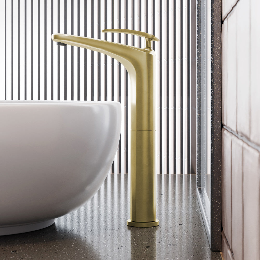 Swiss Madison Sublime Single Hole, Single-Handle, High Arc Bathroom Faucet in Brushed Gold