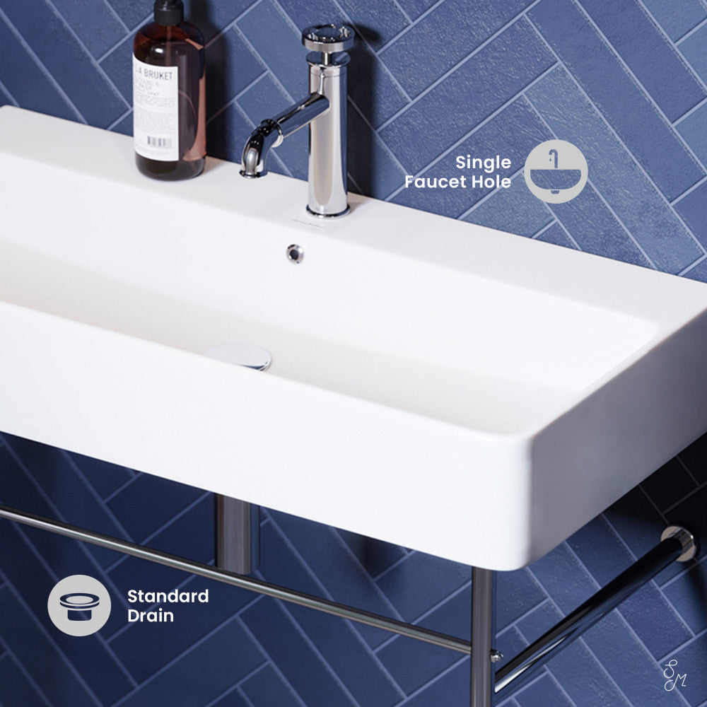 Swiss Madison Carre 36 Ceramic Console Sink White Basin Chrome Legs