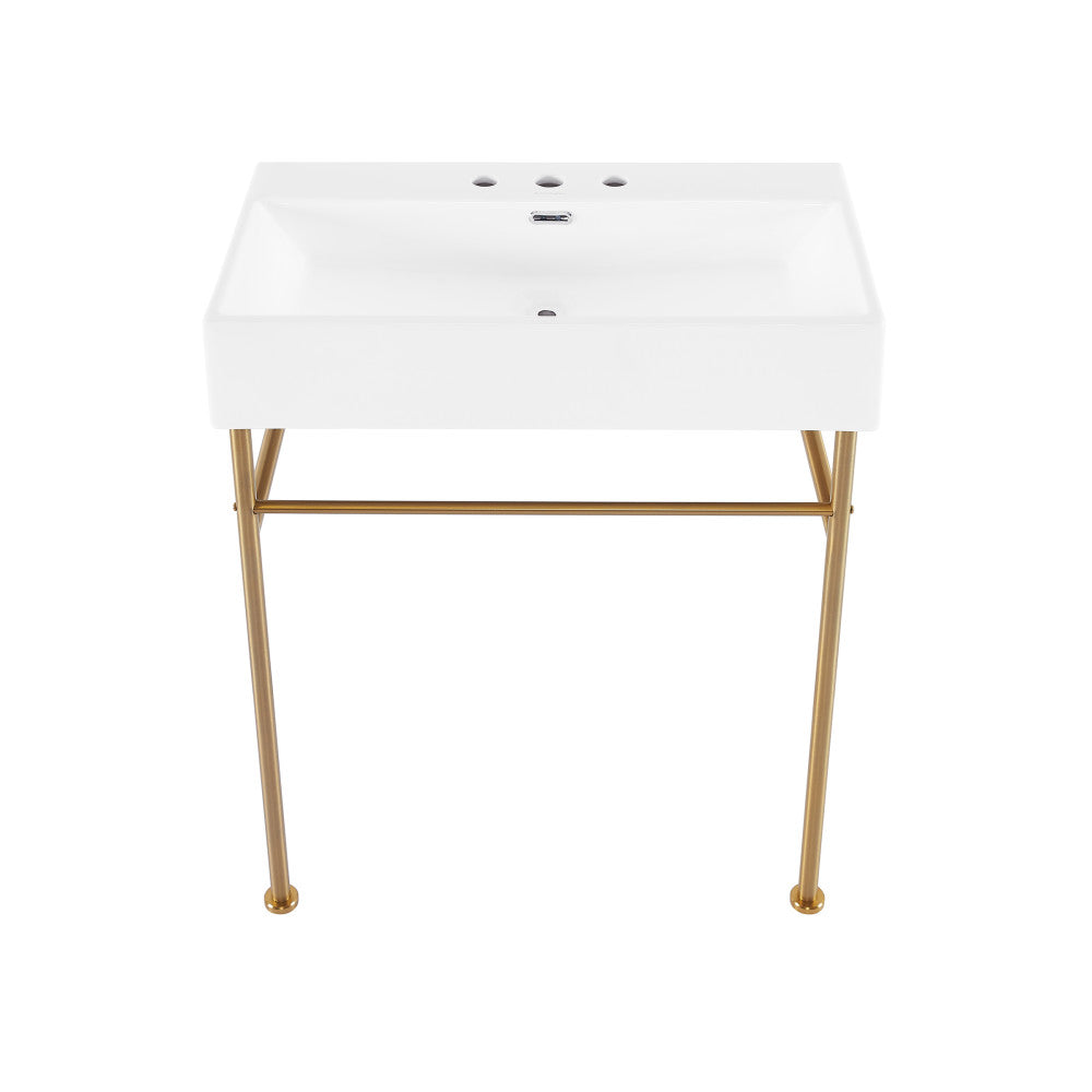 Swiss Madison Claire 30" Console Sink White Basin Brushed Gold Legs with 8" Widespread Holes