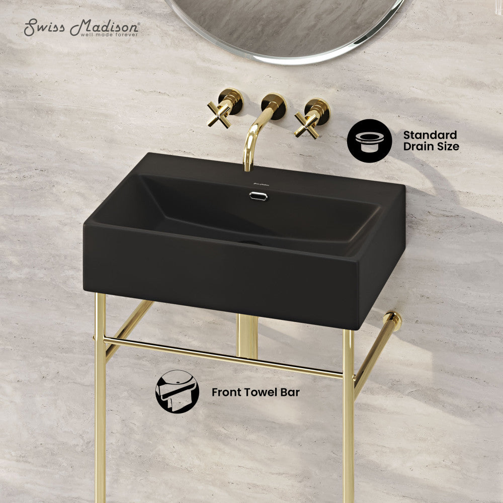Swiss Madison Claire 24" Rectangle Matte Black Zero Hole Console Sink with Glossy Gold Legs