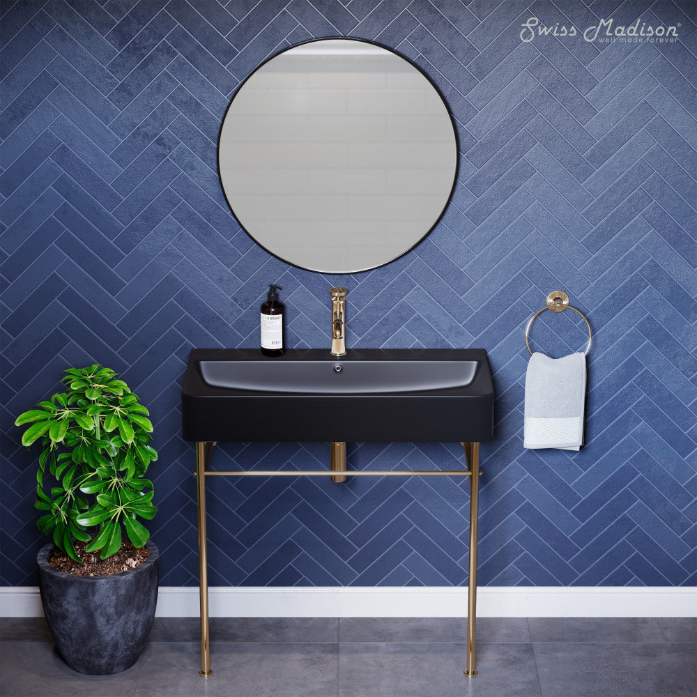 Swiss Madison Carre 36 Ceramic Console Sink Matte Black Basin Gold Legs