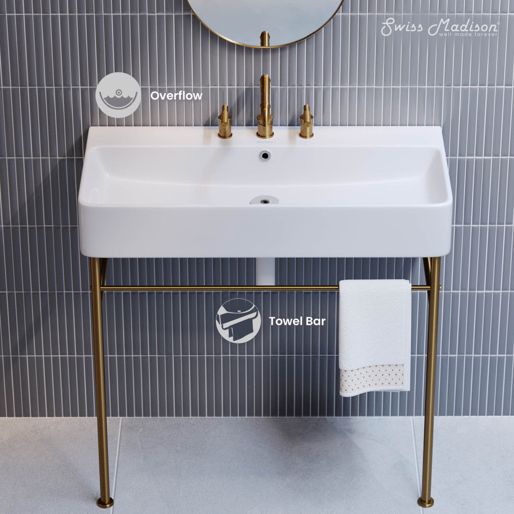 Swiss Madison Carre 36" Console Sink White Basin Brushed Gold Legs with 8" Widespread Holes