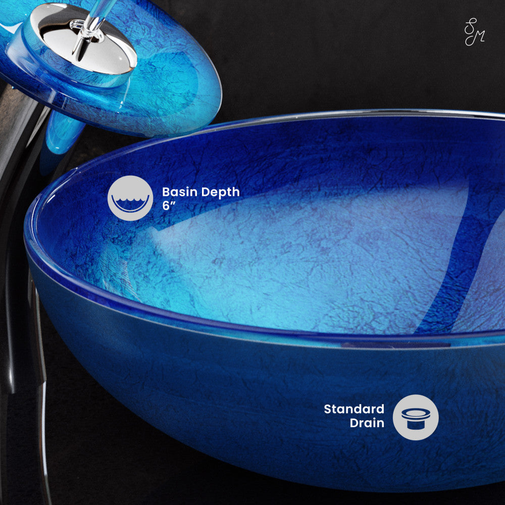 Swiss Madison Cascade 16.5 Glass Vessel Sink with Faucet, Ocean Blue
