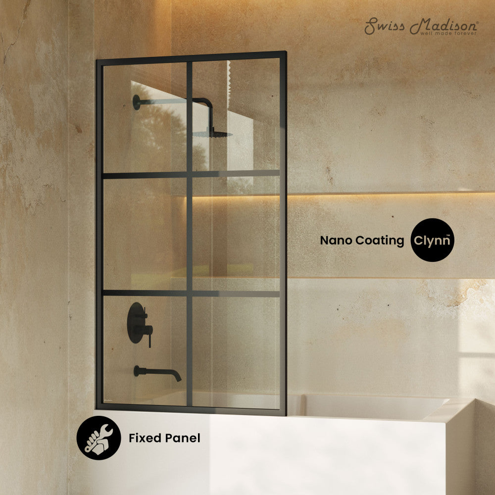 Swiss Madison Virage 34 x 58 Framed Fixed 3/8 in. (10mm) Clear Tempered Glass Tub Door with Black Matte Frame