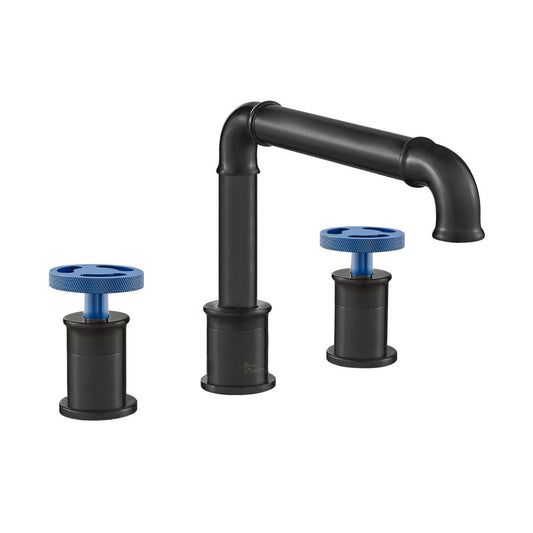 Swiss Madison Avallon 8 in. Widespread, 2-Handle Wheel, Bathroom Faucet in Matte Black with Blue Handles