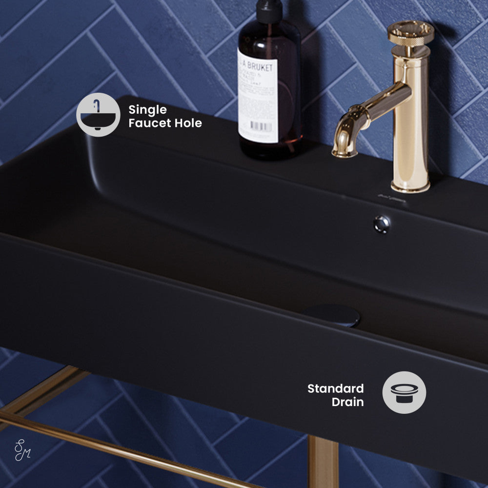 Swiss Madison Carre 36 Ceramic Console Sink Matte Black Basin Gold Legs