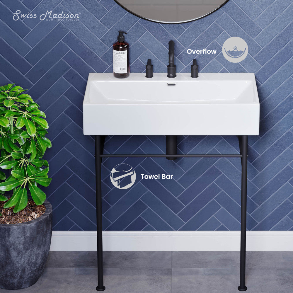 Swiss Madison Claire 30" Console Sink White Basin Black Legs with 8" Widespread Holes