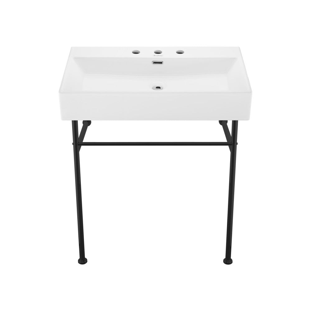 Swiss Madison Claire 30" Console Sink White Basin Black Legs with 8" Widespread Holes