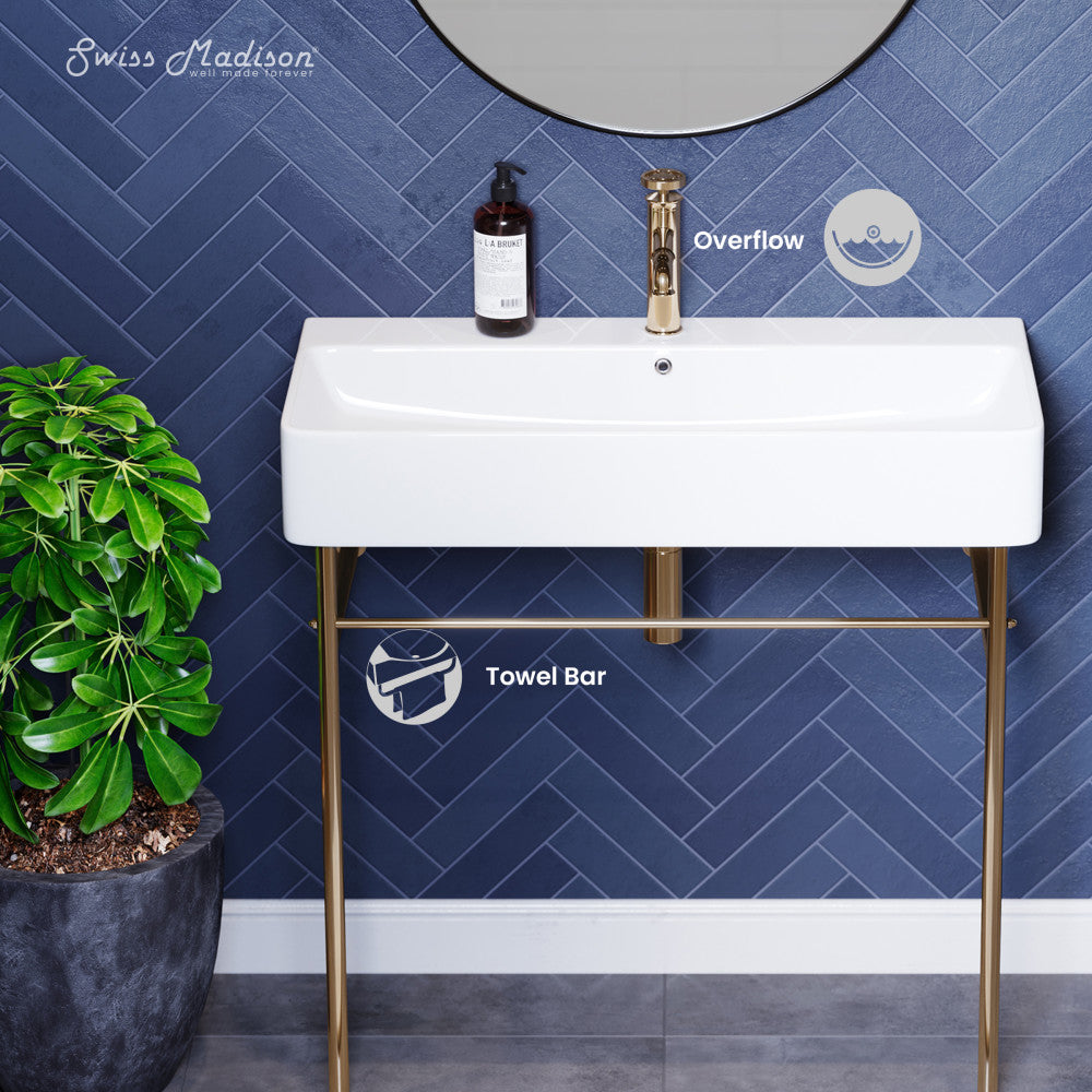 Swiss Madison Carre 36 Ceramic Console Sink White Basin Gold Legs