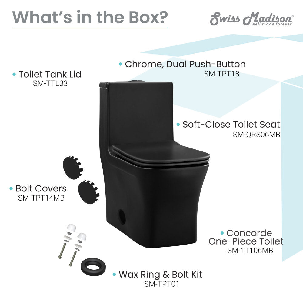 Swiss Madison Concorde One-Piece 12" Rough-in 1.1/1.6 GPF Dual Top Flush Square Toilet in Matte Black
