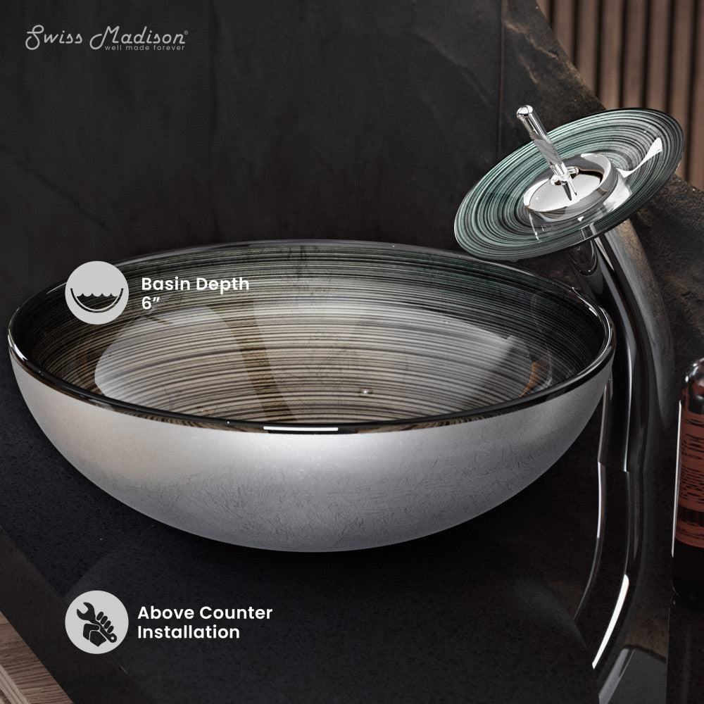 Swiss Madison Cascade 16.5 Glass Vessel Sink with Faucet, Smoky Grey