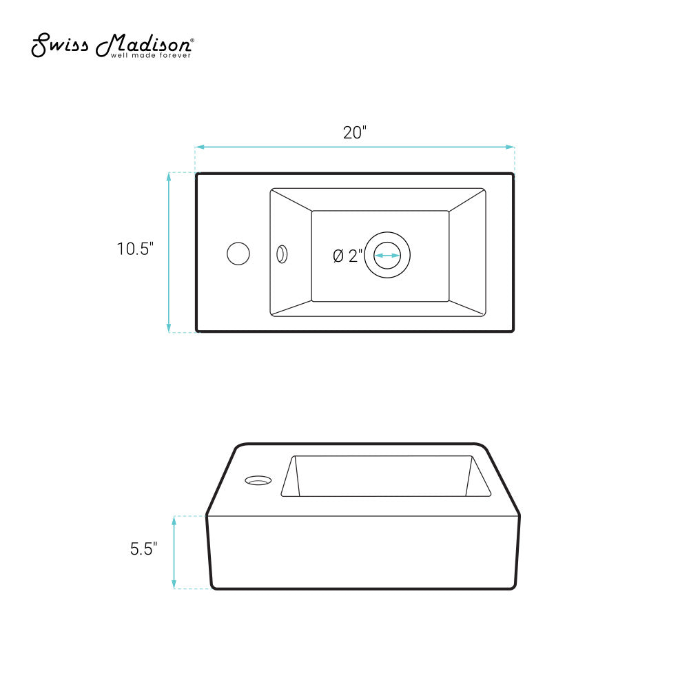 Swiss Madison Voltaire 19.5 x 10 Rectangular Ceramic Wall Hung Sink with Left Side Faucet Mount, Matte Black