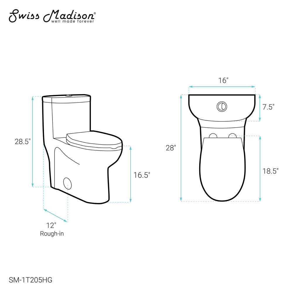 Swiss Madison Sublime One Piece Elongated Toilet Dual Flush, Brushed Gold Hardware 1.1/1.6 gpf