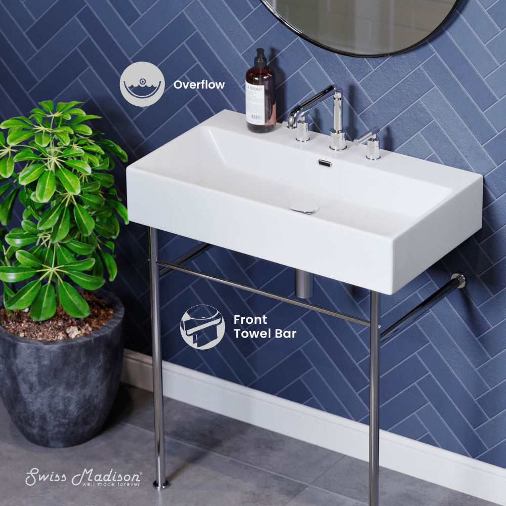 Swiss Madison Claire 30" Console Sink White Basin Chrome Legs with 8" Widespread Holes