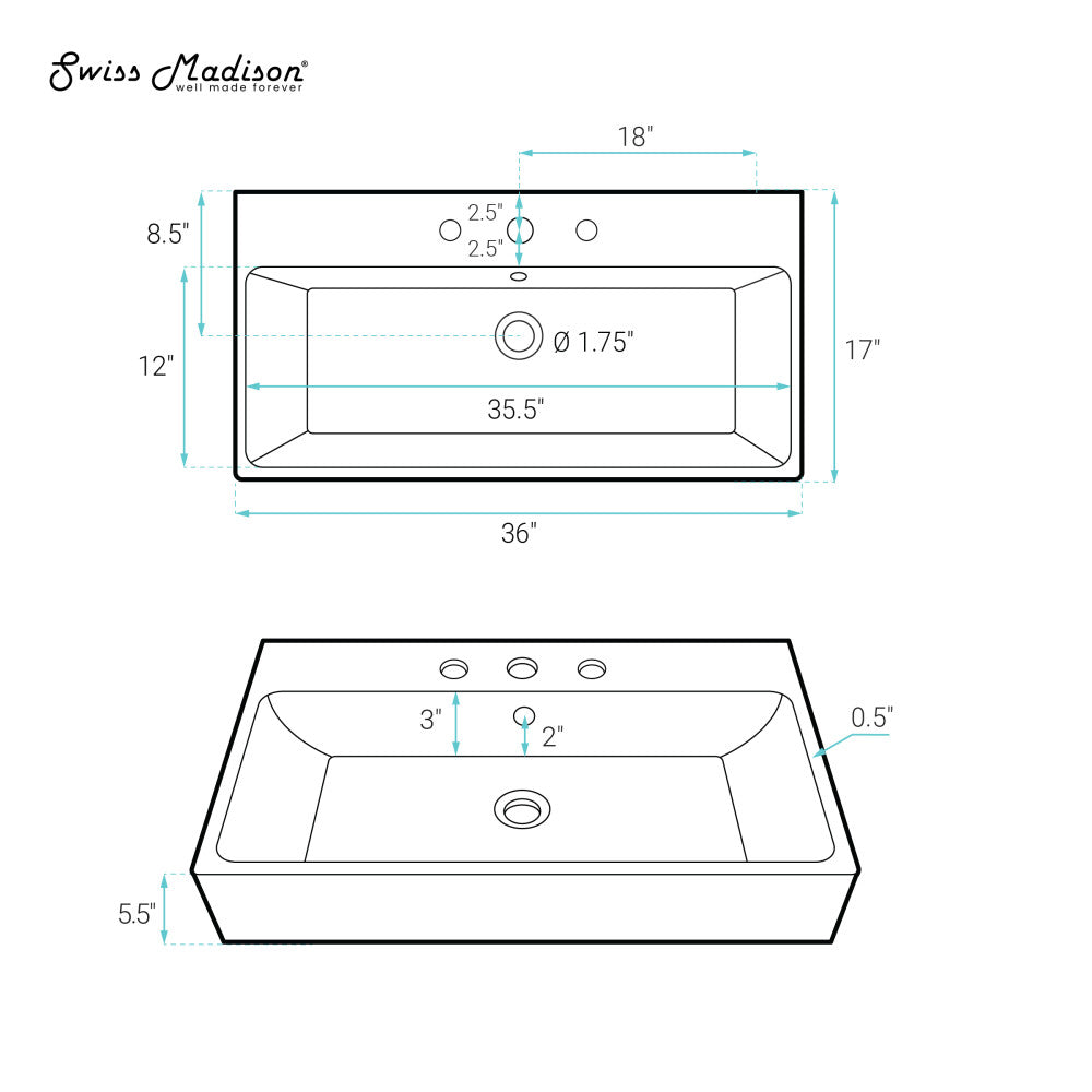 Swiss Madison Carre 36" Wall-Mount Bathroom Sink with 8" Widespread Holes