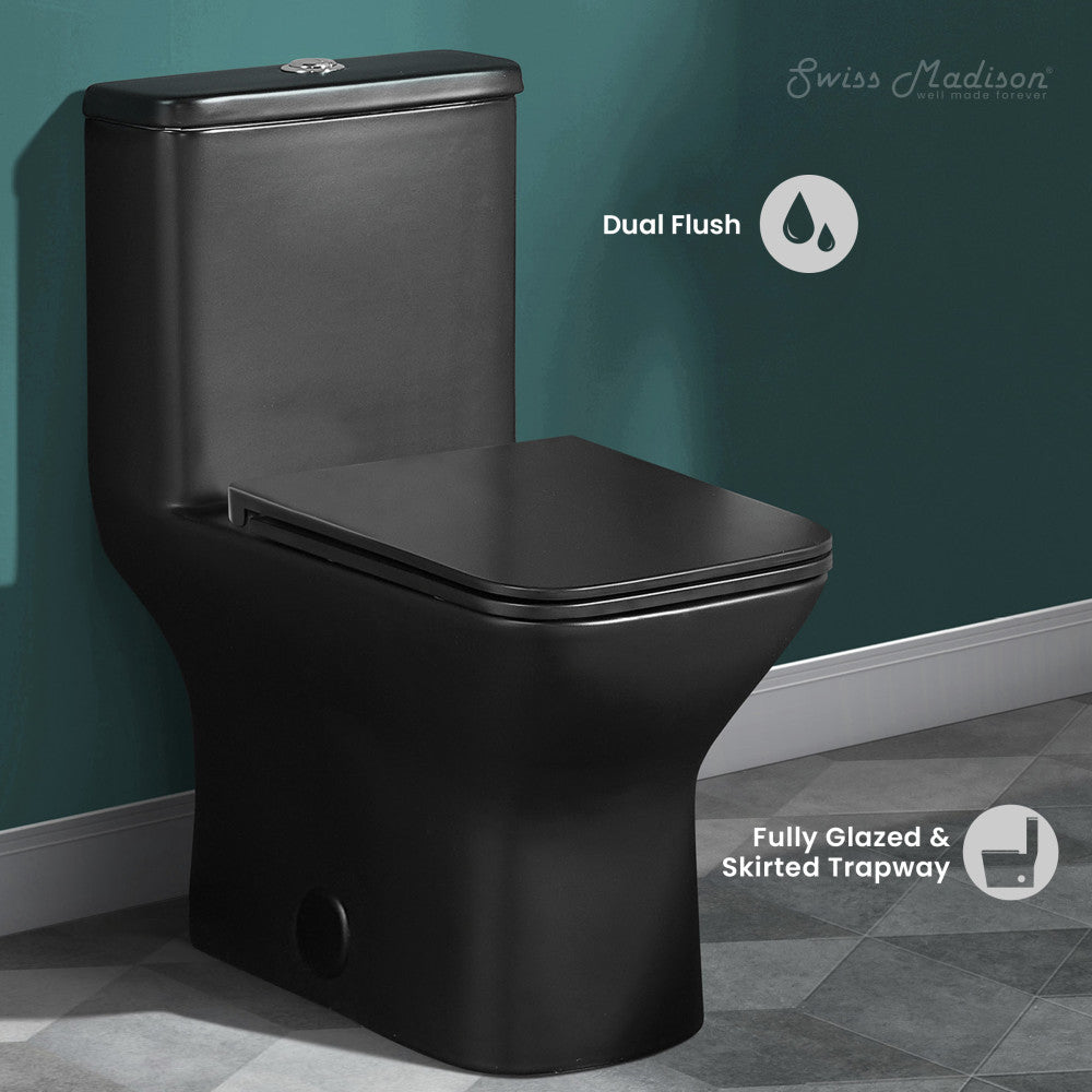 Swiss Madison Carre One Piece Square Toilet Dual Flush 1.1/1.6 gpf with 10" Rough-In, Matte Black