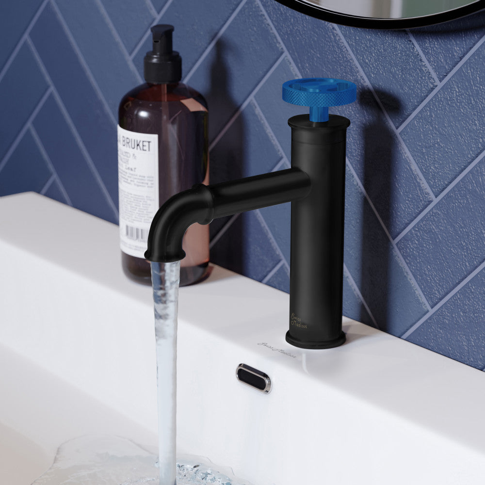 Swiss Madison Avallon Single Hole, Single-Handle Wheel, Bathroom Faucet in Matte Black with Blue Handle